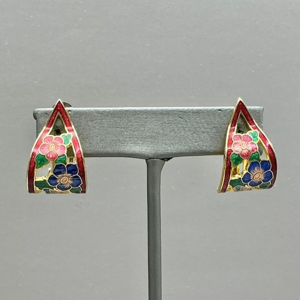 Earrings Women Gold Tone Cloisonne Enamel Floral Cutout Clip On Vintage 1 Inch